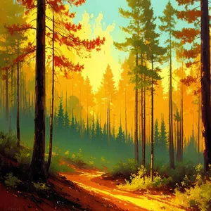 Autumn-Infused Forest at Sunset: Serene Celestial Beauty