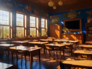 Modern restaurant interior design with wooden chairs and tables