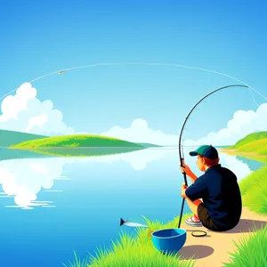 Serene Summer Landscape with Fisherman and Green Meadow