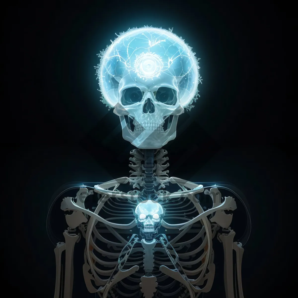 Picture of Transparent 3D human skeleton anatomy graphic.