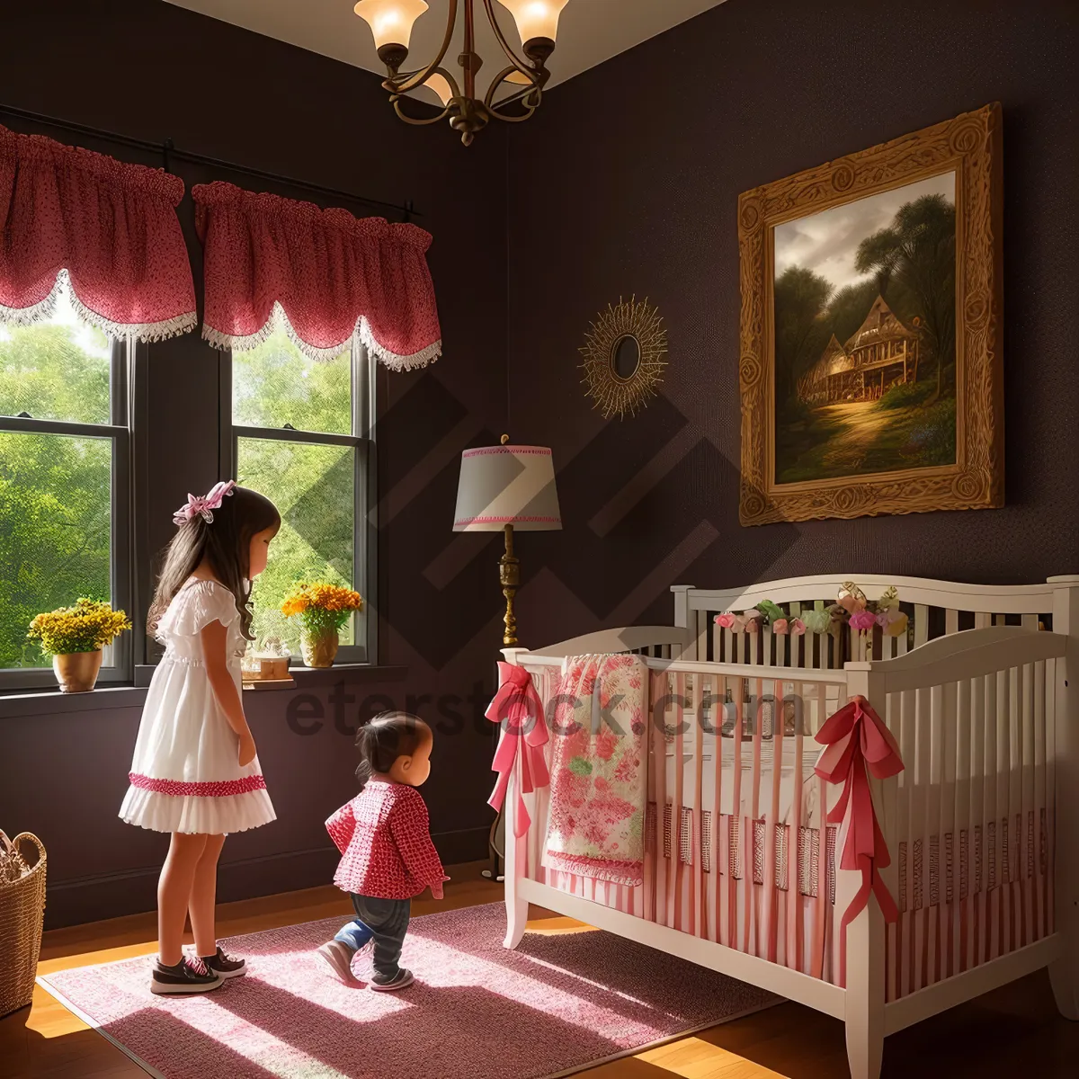 Picture of Wooden crib in a cozy baby bedroom