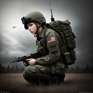 Combat-ready soldier with assault rifle and protective gear