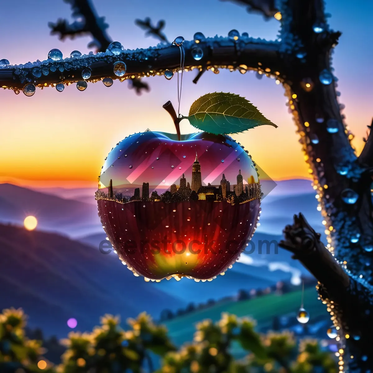 Picture of Festive apple tree decoration for winter celebration.