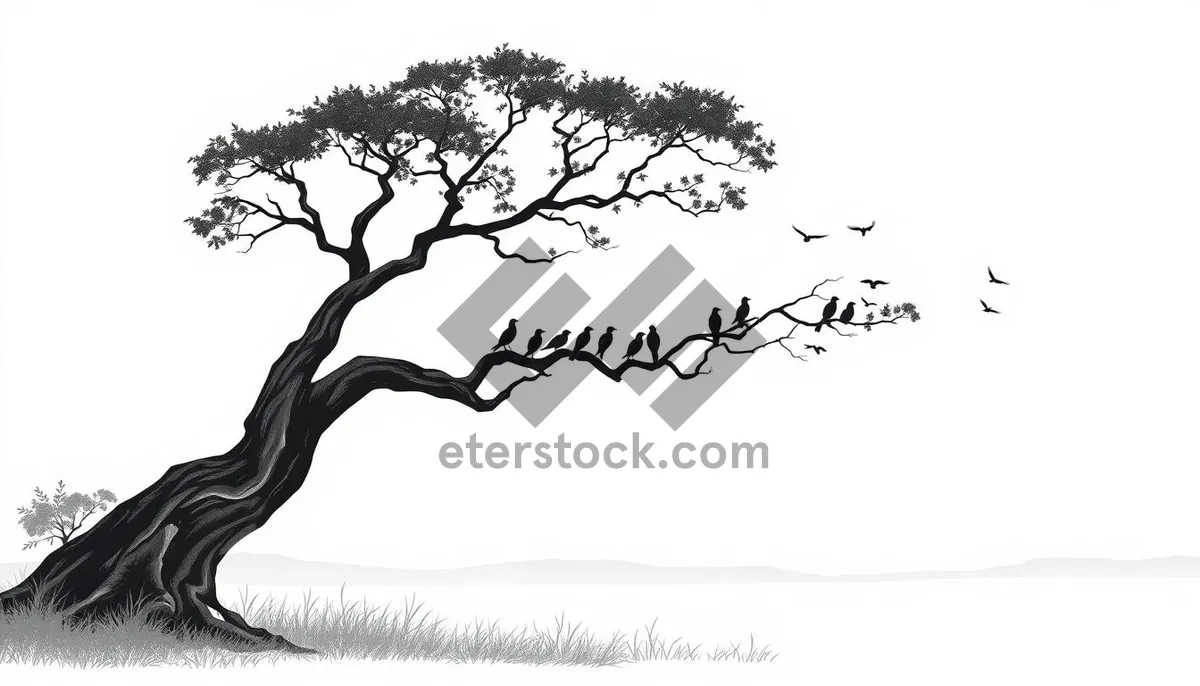 Picture of Black summer tree silhouette with floral decoration outline.