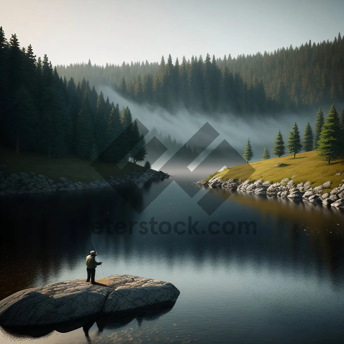 Picture of Tranquil lakeside reflection amidst lush forest.