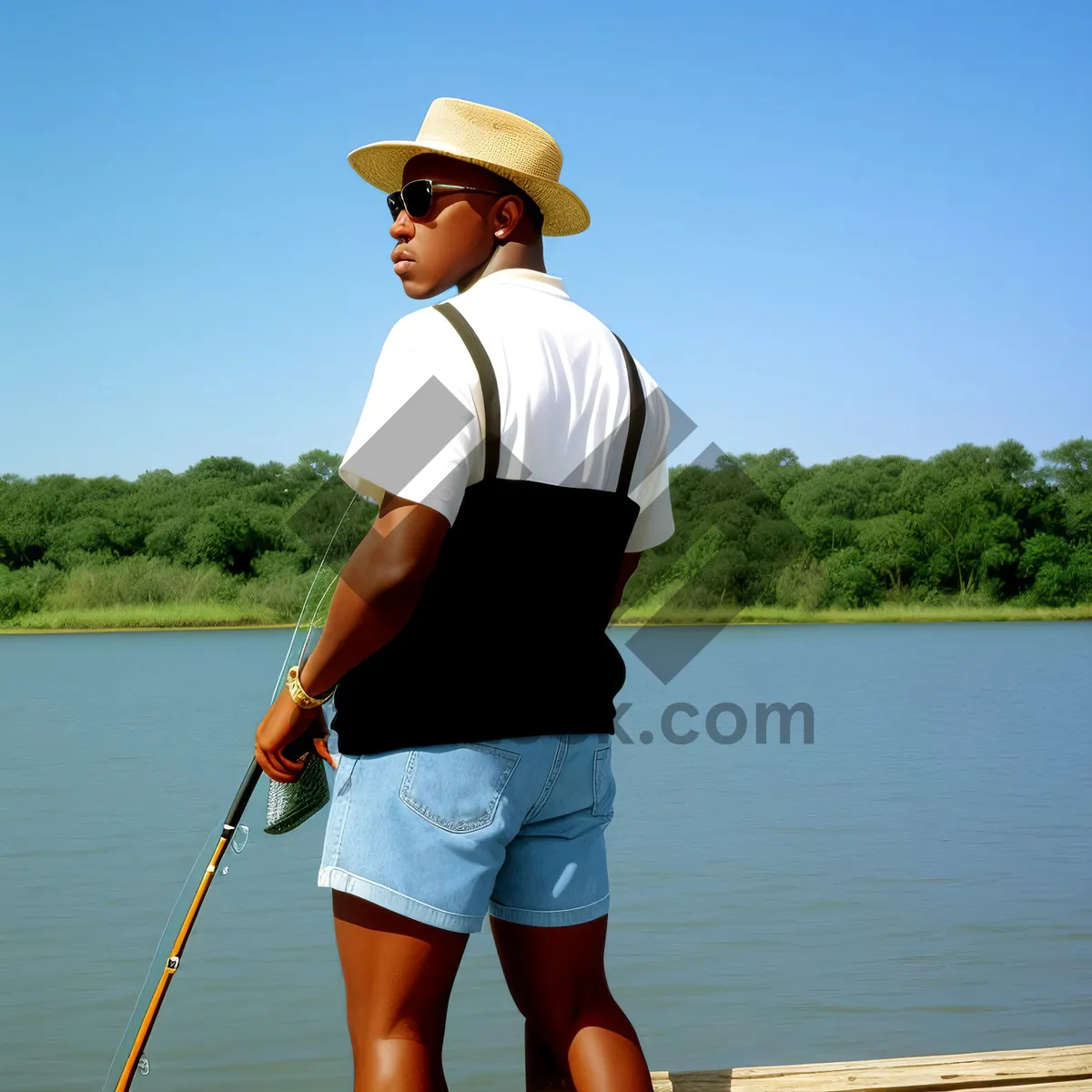 Picture of Joyful Fisherman Paddling with Fishing Gear in Summer