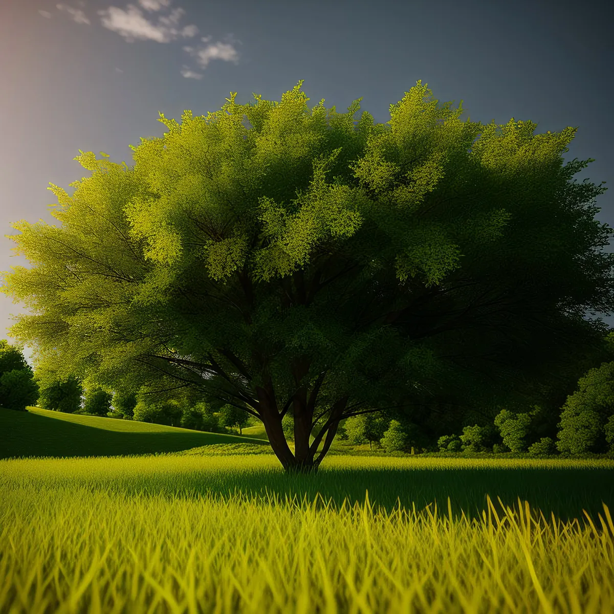 Picture of Idyllic Countryside Retreat: Vibrant Autumn Meadow amidst Towering Trees