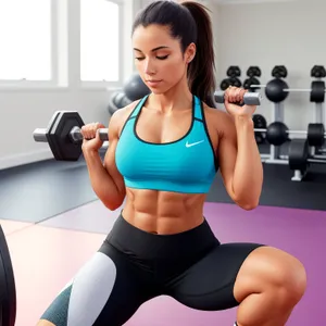 Attractive brunette model exercising with dumbbell in gym