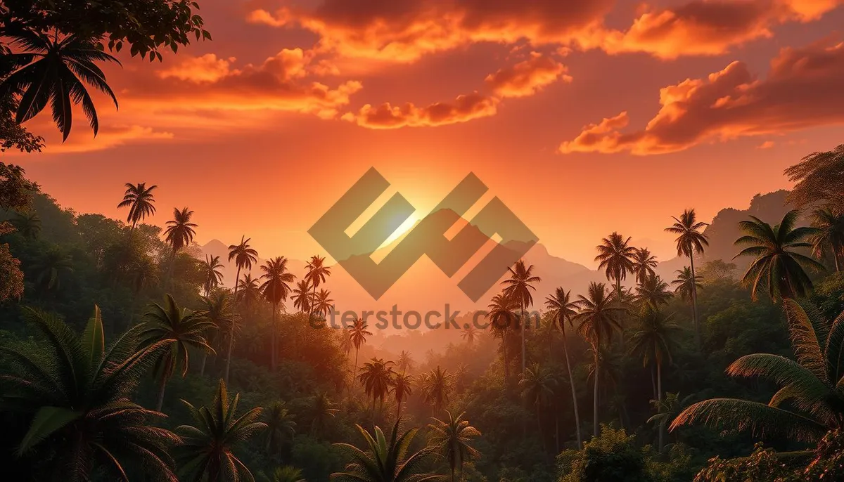 Picture of Tropical sunset beach silhouette palm tree evening vacation.
