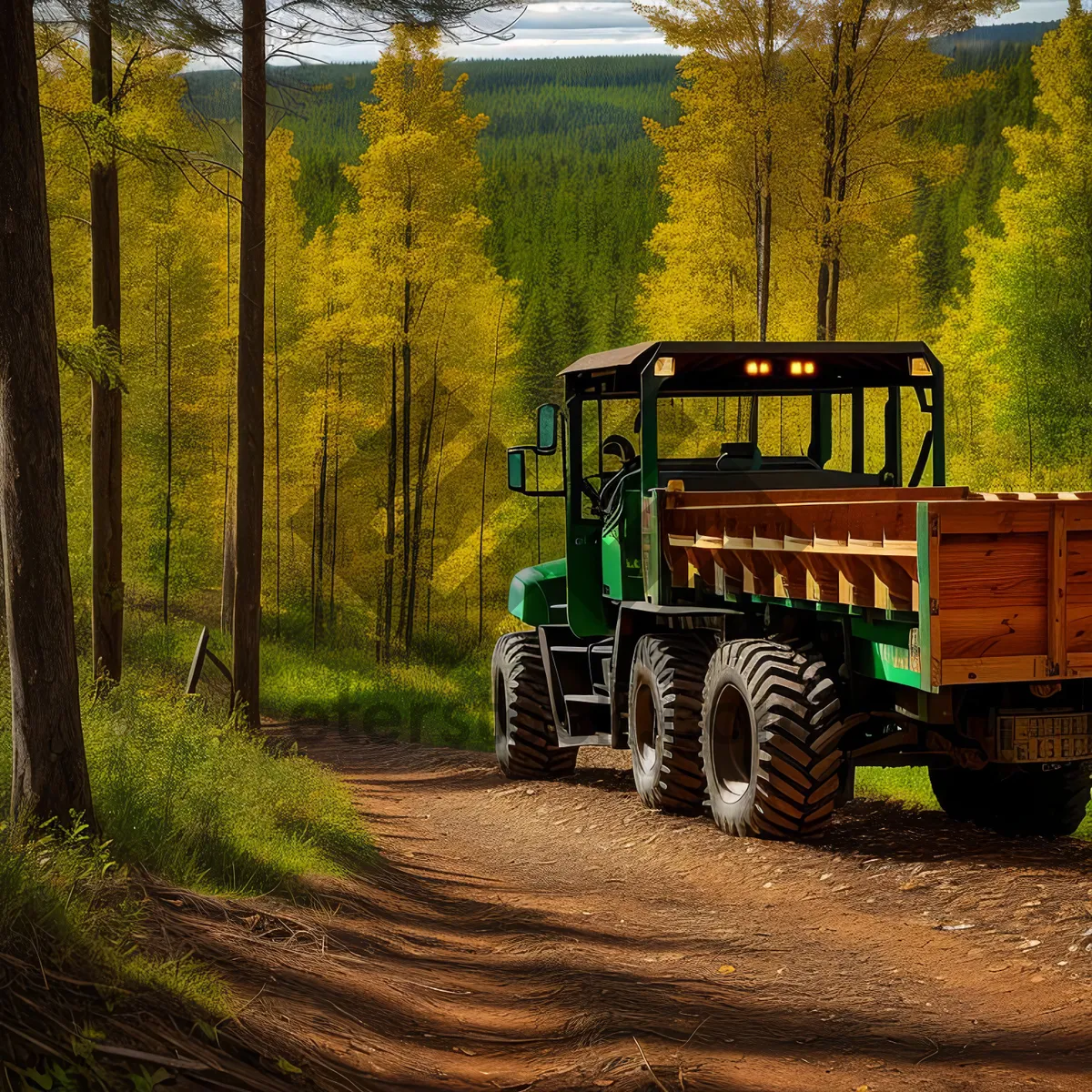 Picture of Yellow Farm Tractor in Rural Landscape