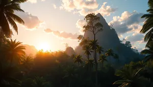 Tropical Sunset Paradise Beach with Palm Trees