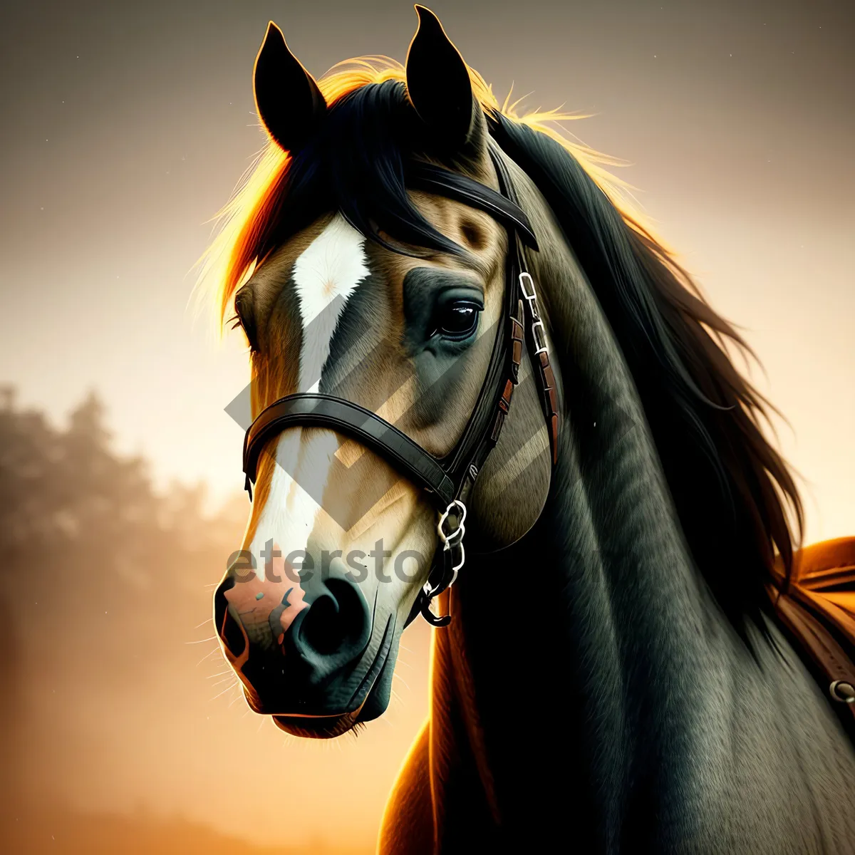 Picture of Thoroughbred Stallion in Bridle and Headgear