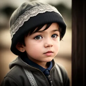 Cheerful Child Wearing Pretty Bonnet and Smiling