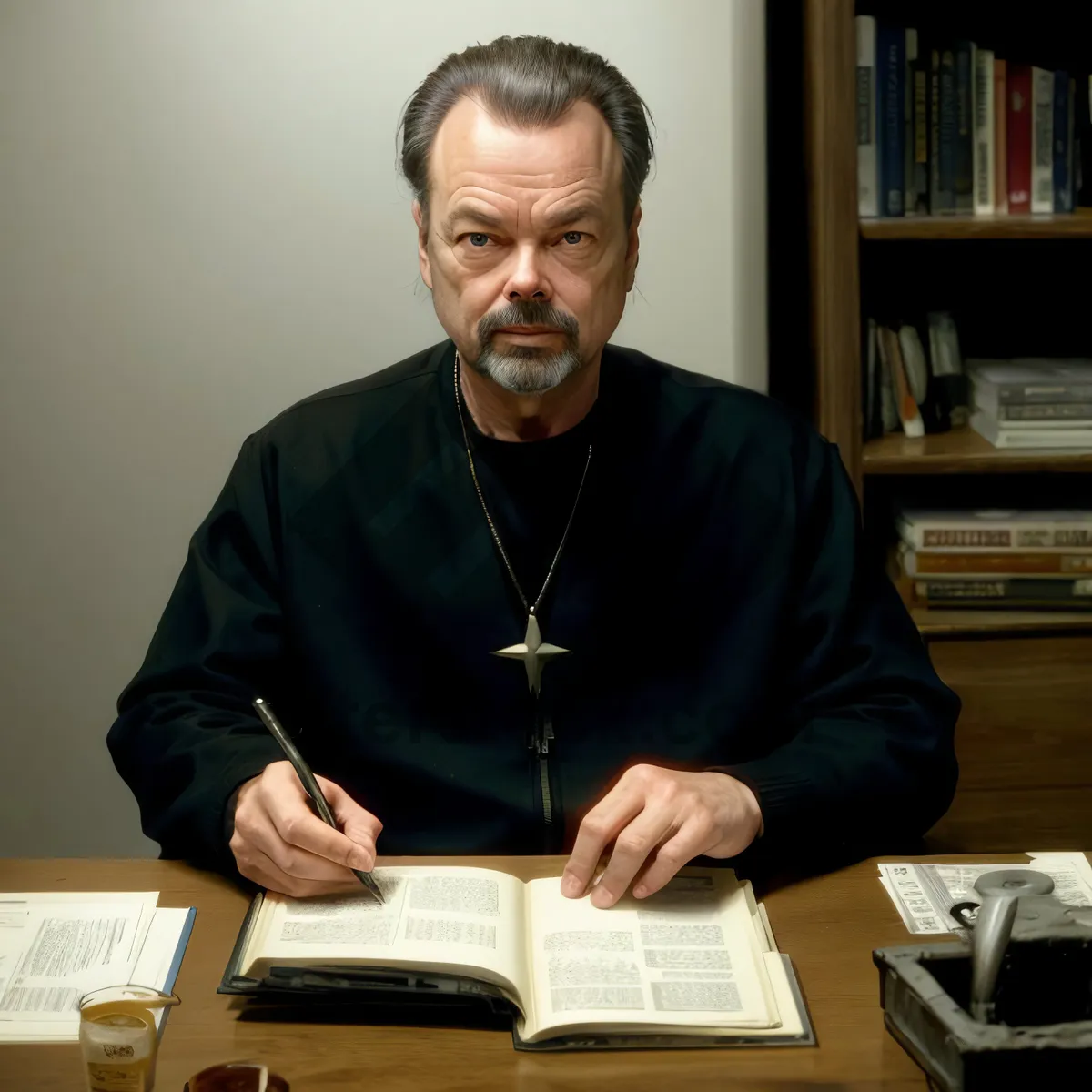 Picture of Happy businessman working on laptop in office setting