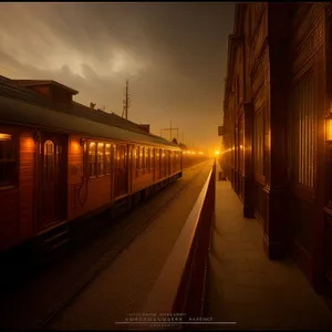 City Night Train Crossing River Bridge