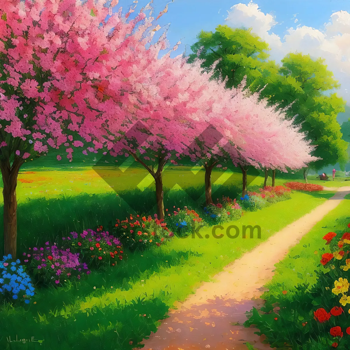 Picture of Colorful Spring Landscape with Blooming Flowers in a Park