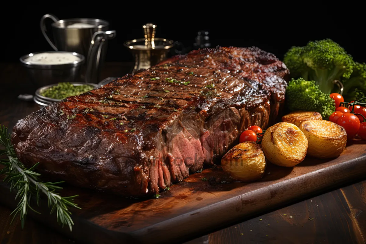 Picture of Delicious grilled steak with rosemary for main course.