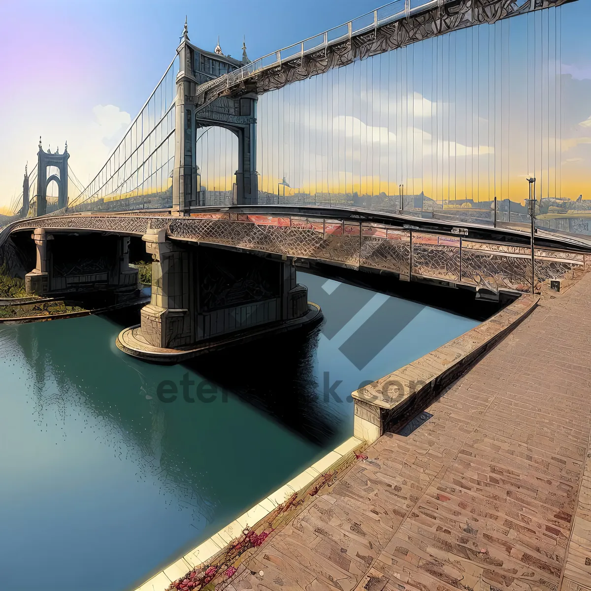 Picture of Iconic Nighttime Suspension Bridge Over Urban River