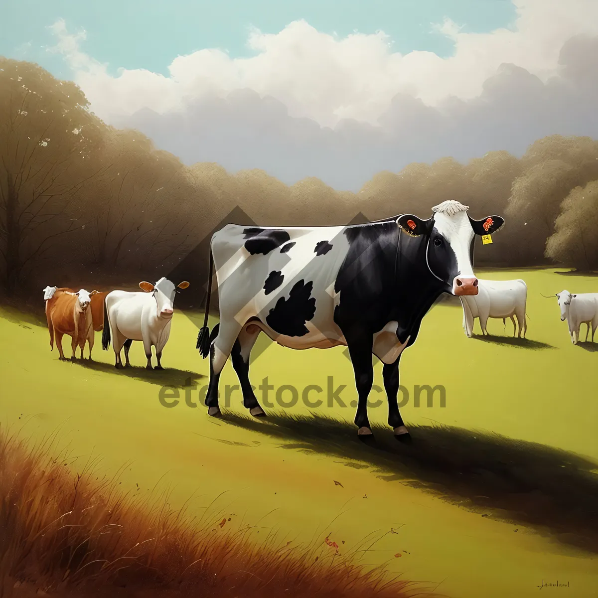 Picture of Majestic Cattle Grazing on Rural Meadow