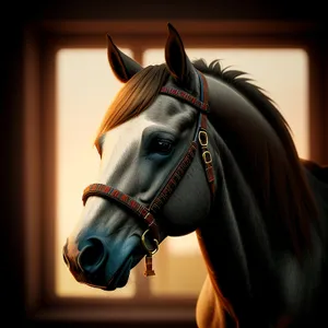 Thoroughbred Stallion in Bridle and Muzzle