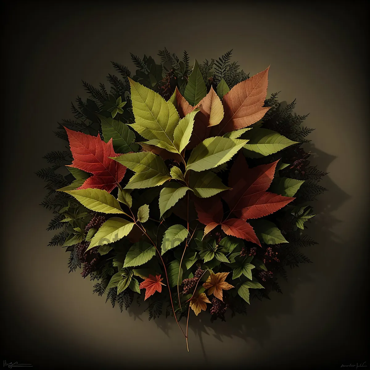 Picture of Seasonal Evergreen Holly Tree Decoration with Maple Leaves