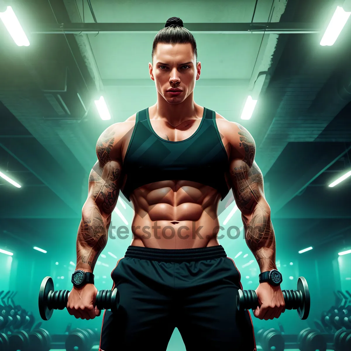 Picture of Athletic man lifting weights in gym for fitness.