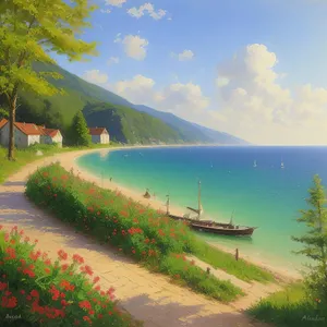 Tranquil beach with lush trees and clear skies