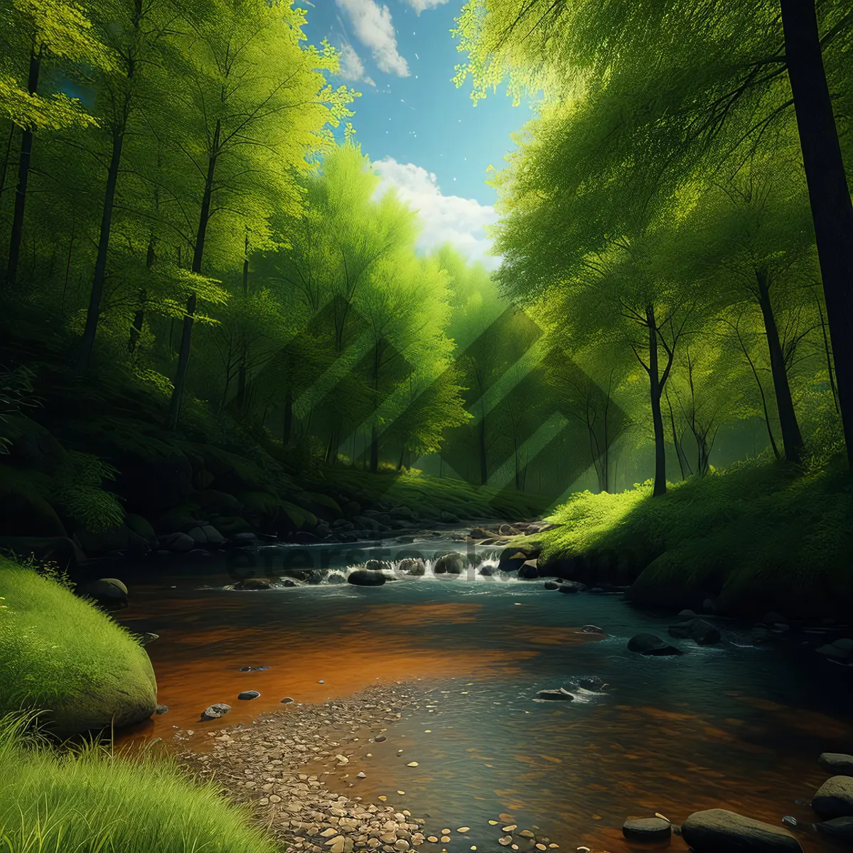 Picture of Serene River Flow Through Mountainous Forest
