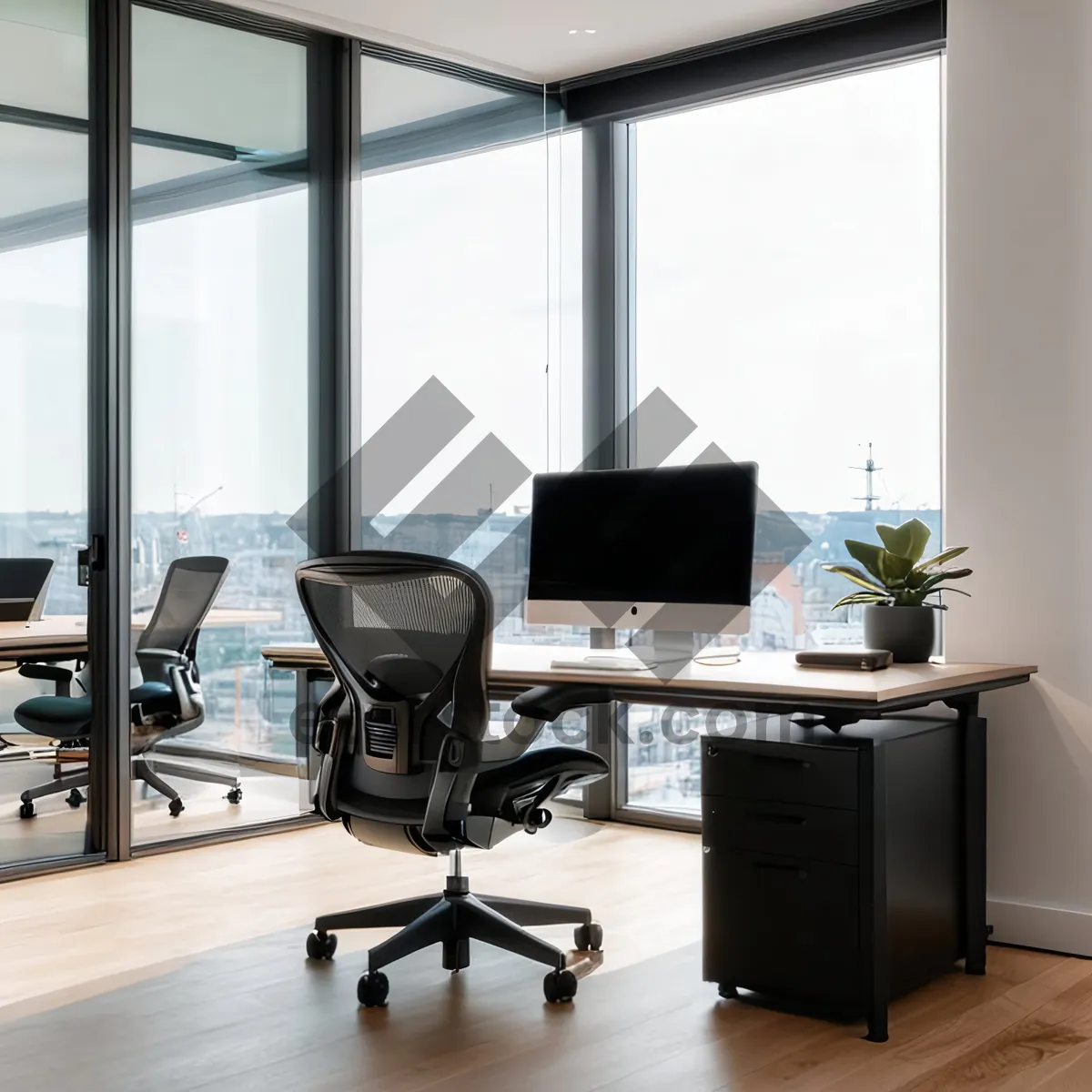 Picture of Modern luxury office interior with wooden furniture