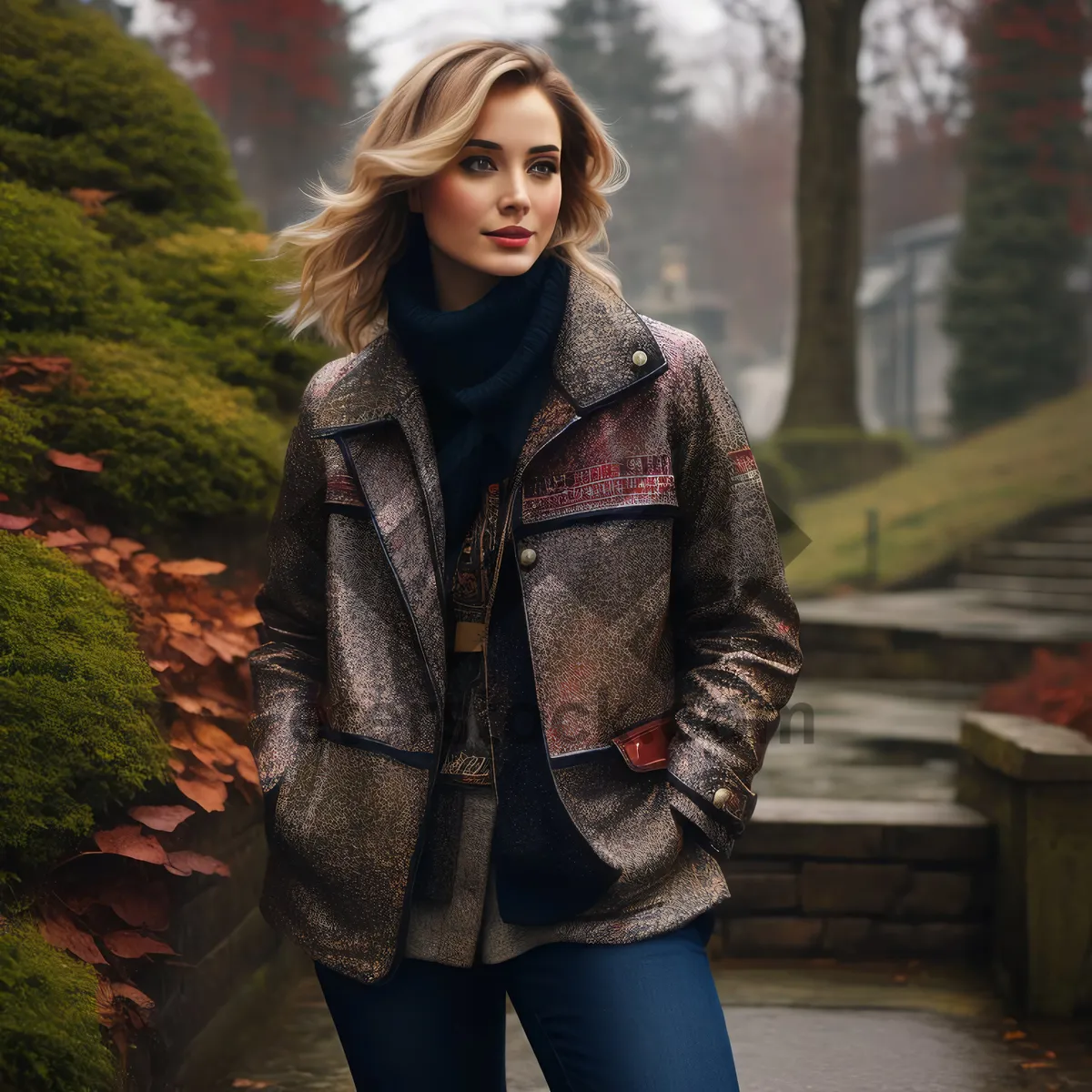 Picture of Smiling brunette model in fashionable sweater