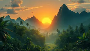 Orange sunset behind silhouette tree on mountain landscape.