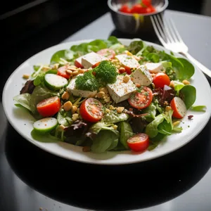 Fresh vegetable salad with cheese and olive oil dressing.