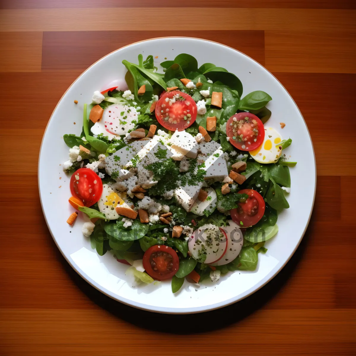 Picture of Fresh and Healthy Vegetable Salad with Cheese and Vinaigrette dressing