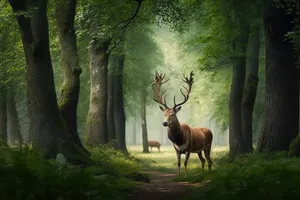 Male deer grazing in a national park grassland.