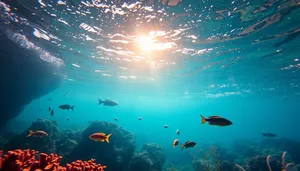 Sunlit Fish Swimming in Underwater Coral Reef