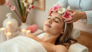 Beautiful woman with pink flower in hair