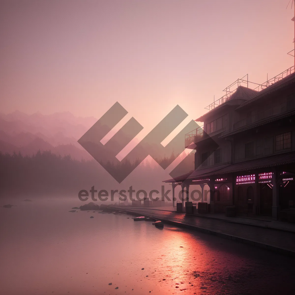 Picture of Riverside Boathouse at Sunset: Serene Waterfront Architecture