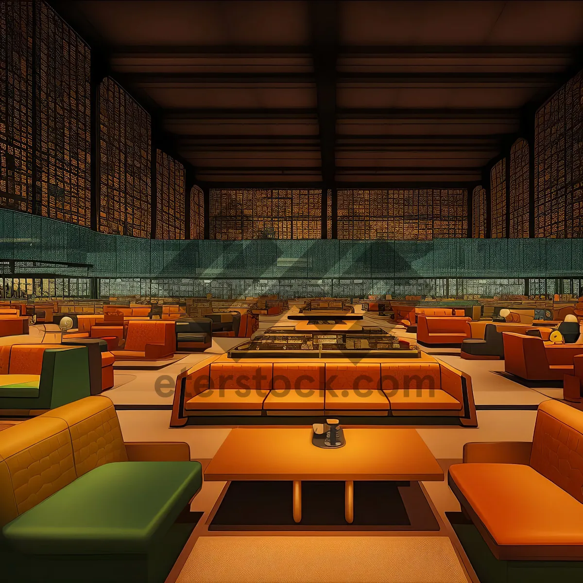 Picture of Modern empty classroom with tables and chairs.