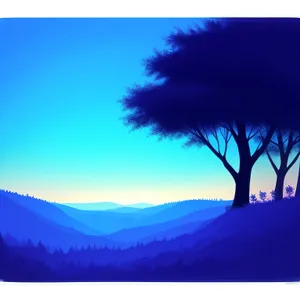 Sunset Skyline with Silhouette of Trees and Mountains