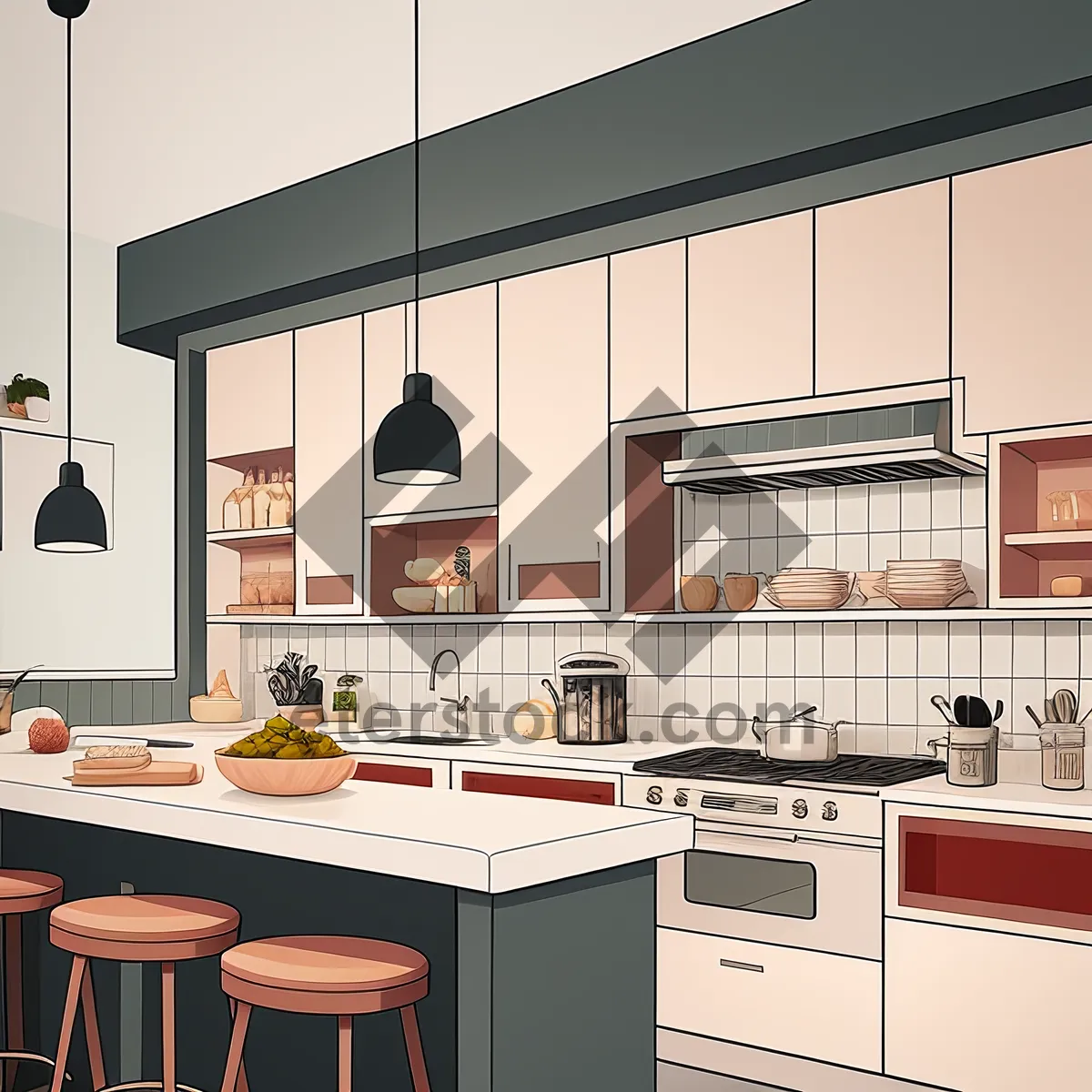 Picture of Contemporary Kitchen Interior with Sleek Furniture, Excellent Lighting, and a Soothing Color Palette