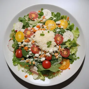 Delicious gourmet vegetarian salad with fresh vegetables and cheese