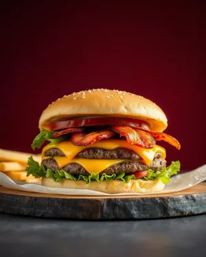 Grilled Cheeseburger with Fresh Salad and Tomato Onion