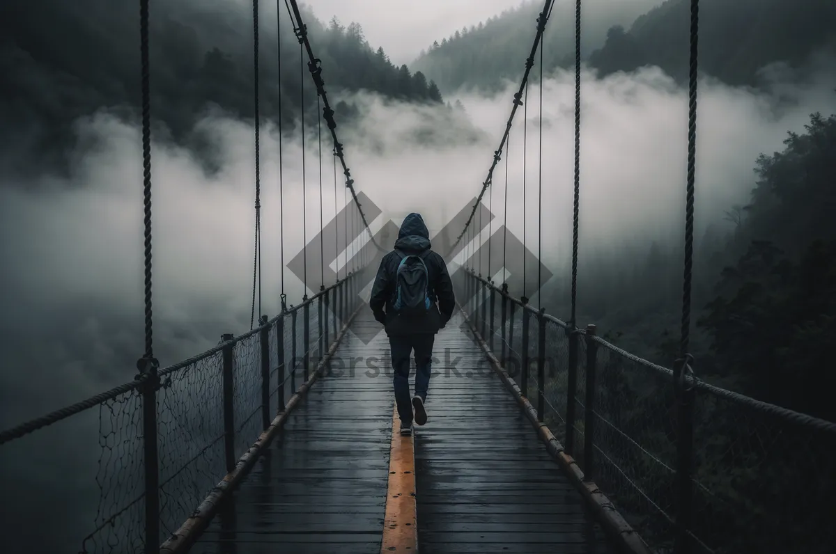 Picture of Suspension bridge over river in bustling city.