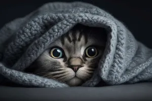 Fluffy gray tabby kitten with whiskers close-up portrait.