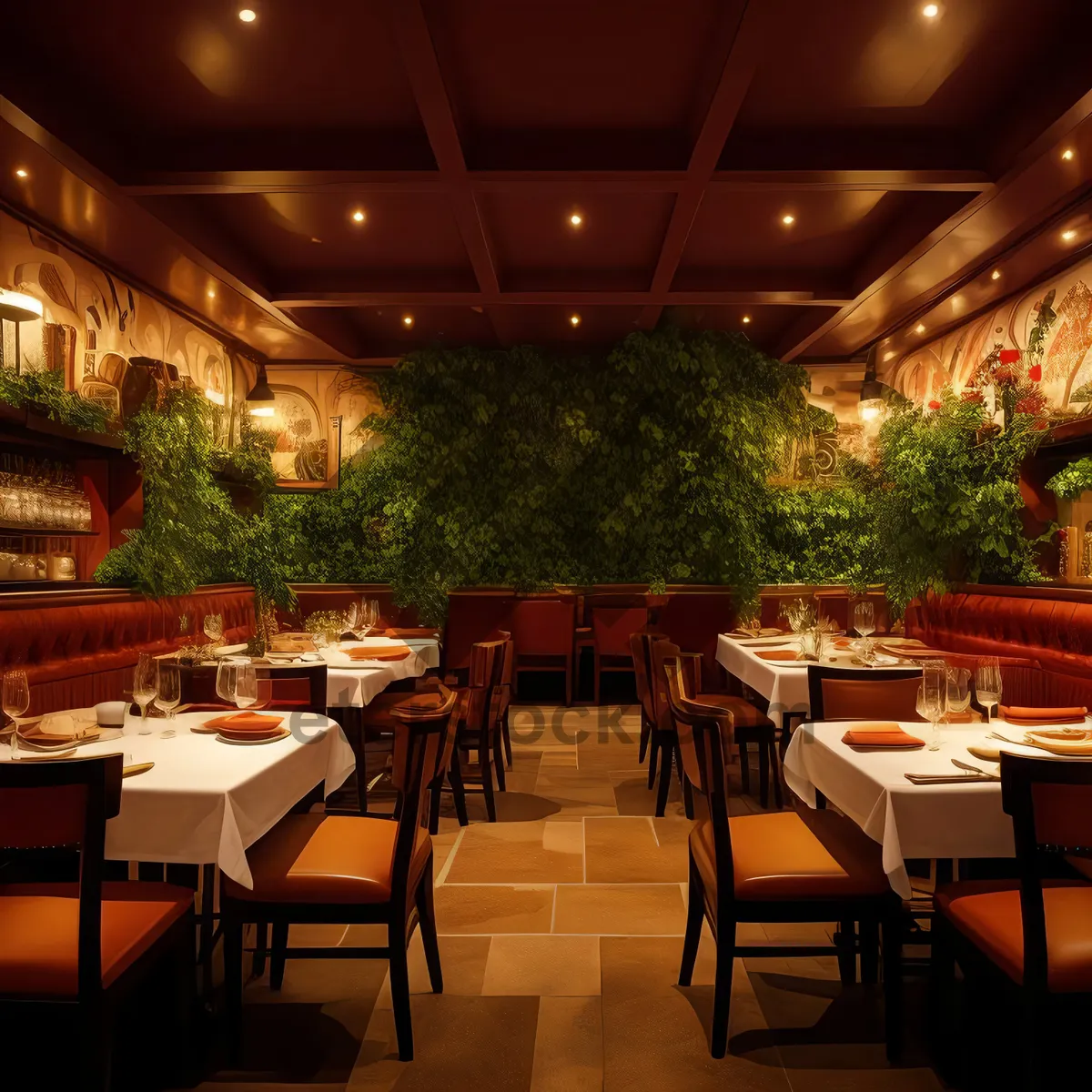 Picture of Modern Restaurant Interior Design with Wooden Furniture and Glass Tables