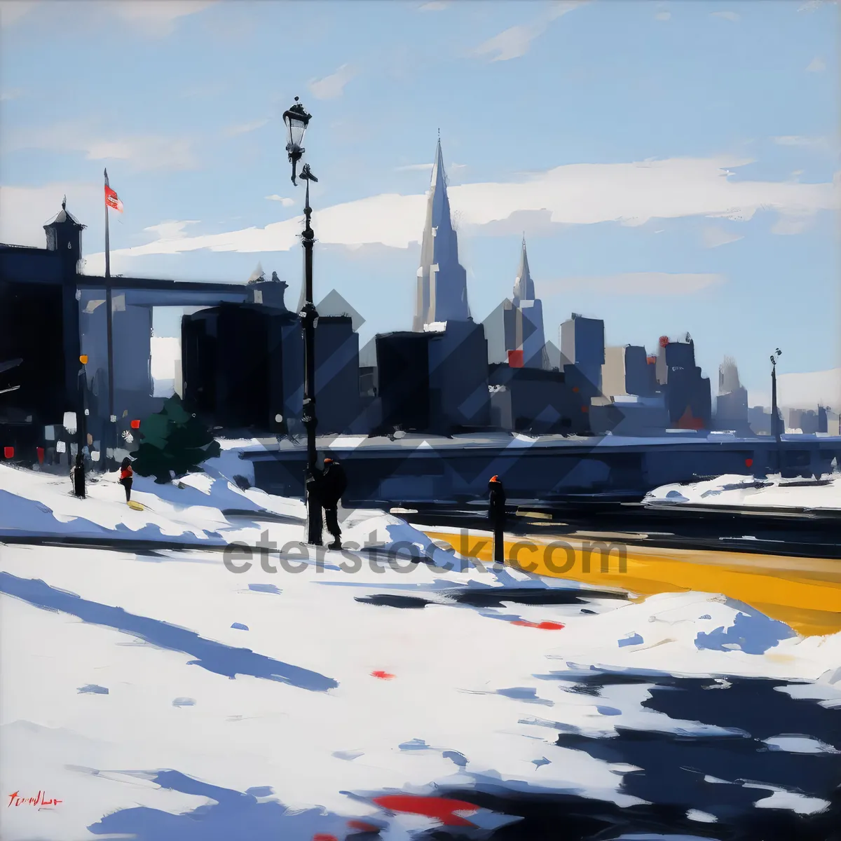 Picture of Skyline cityscape with snow-capped mountains in background.