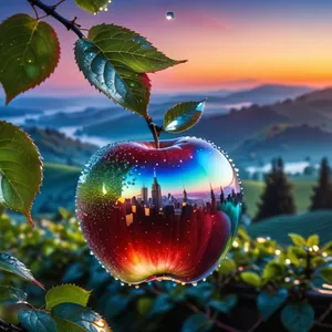Festive Gold Apple Ornament on Evergreen Branch.