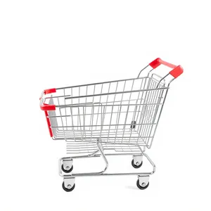 3D metal shopping cart on wheels in supermarket.