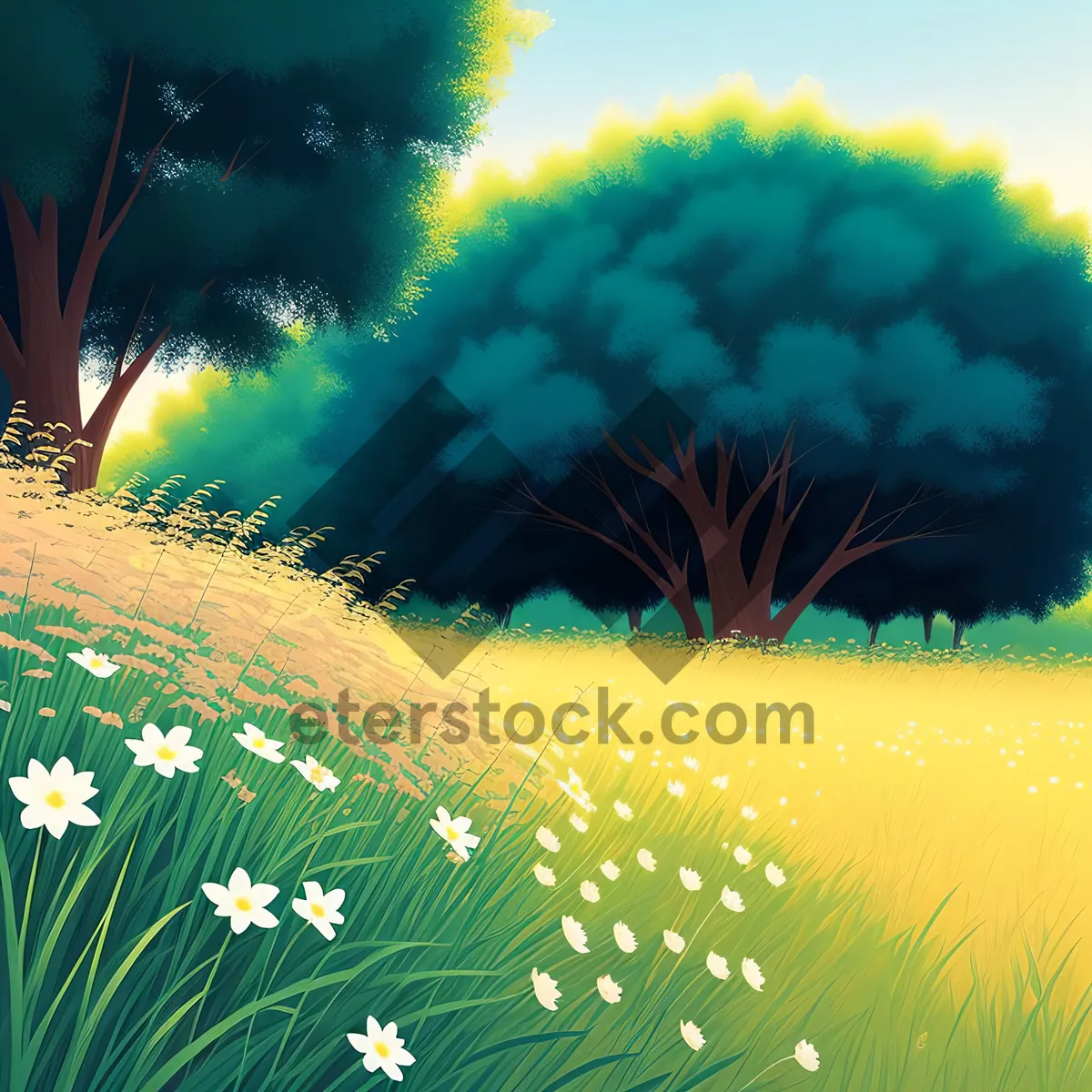 Picture of Sunlit Meadow with Dandelions and Clear Blue Sky