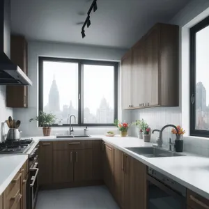 Modern kitchen with stainless steel appliances and wood accents.